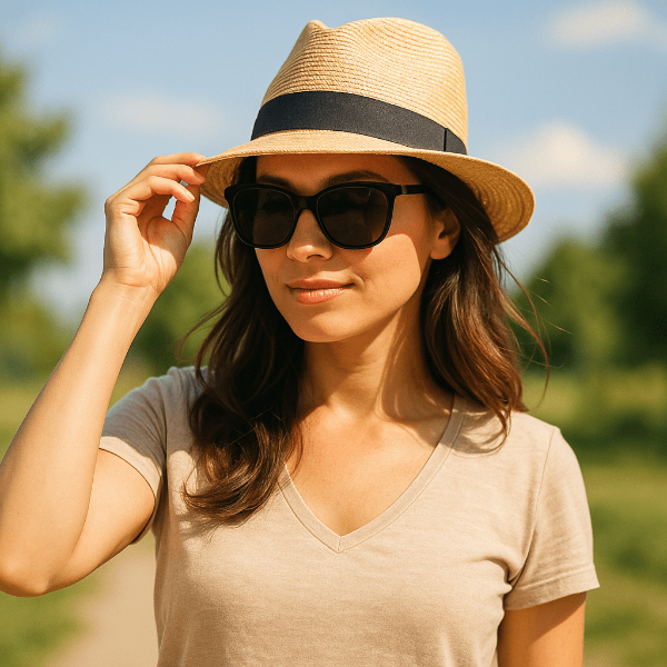 외출 시 선글라스와 모자로 자외선을 차단하는 여자 이미지
