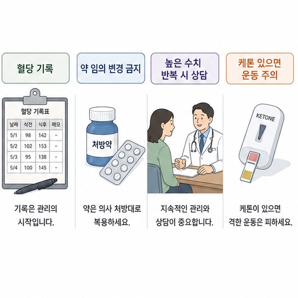 혈당을 기록하고 처방약을 임의로 변경하지 않으며 높은 혈당이 반복되면 의료진과 상담하는 과정을 보여주는 그림