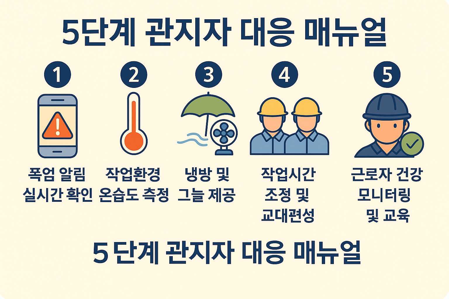 근로자가 폭염 시 지켜야 할 5가지 안전 수칙을 아이콘과 함께 보여주는 인포그래픽 카드형 이미지