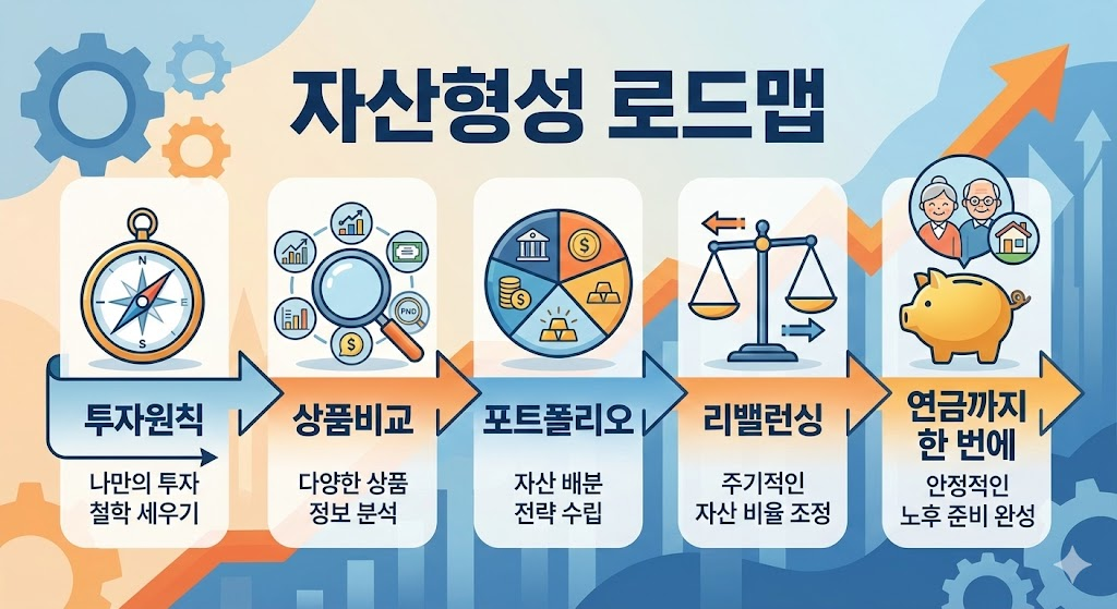 자산형성 로드맵: 투자원칙 → 상품비교 → 포트폴리오 → 리밸런싱 → 연금까지 한 번에