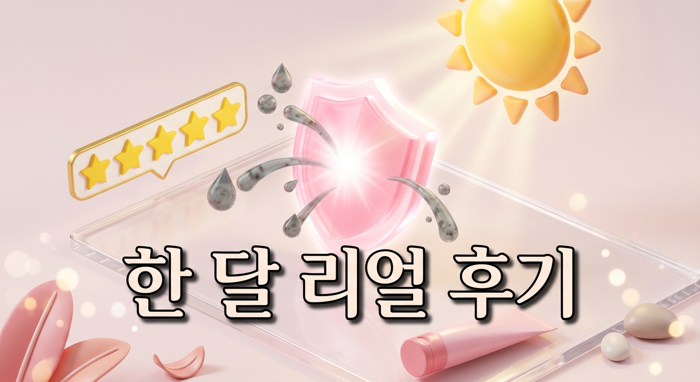 어둡고 탁한 물방울들을 막아내는 반투명한 분홍색 방패와 그 옆에 별 다섯 개짜리 리뷰 아이콘이 있는 3D 일러스트 배경에, 짙은 그림자와 외곽선으로 선명하게 강조된 '한 달 리얼 후기'라는 한글 문구가 중앙에 적힌 이미지