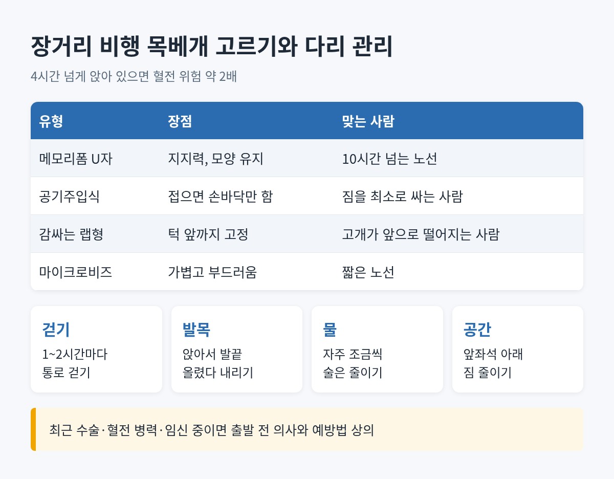 목베개 유형 4가지 비교와 4시간 이상 비행 시 다리 관리 4가지를 정리한 표