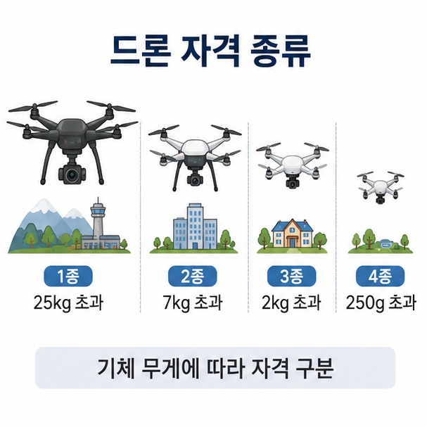 드론의 최대이륙중량에 따라 1종부터 4종까지 조종자 자격이 구분된다는 내용을 설명한 이미지