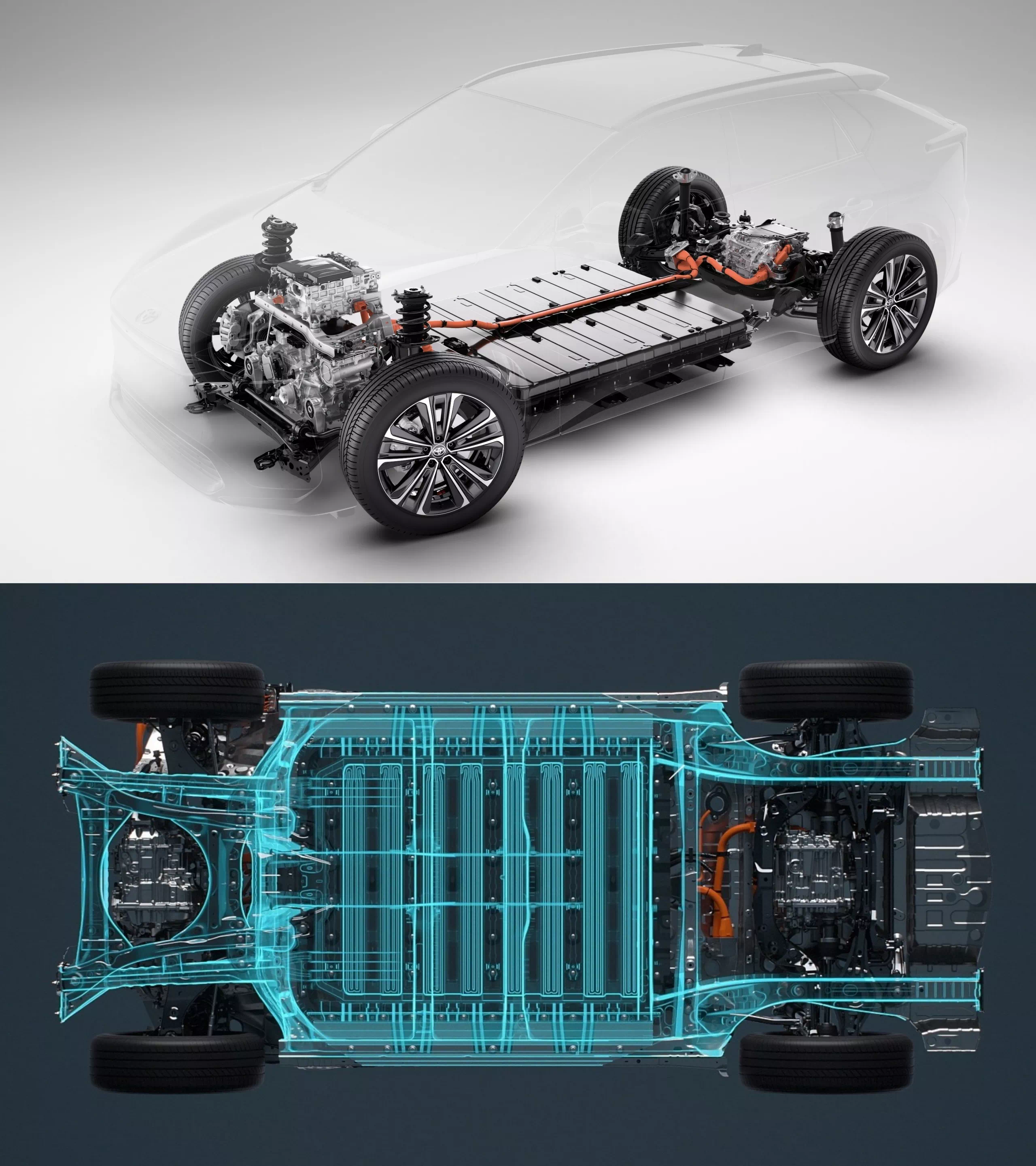 토요타 bZ4X 파워트레인과 골격을 강조한 그림입니다.