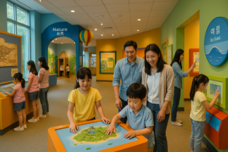 어린이 박물관에서 활동하고 있는 아이들과 그 모습을 보는 부모