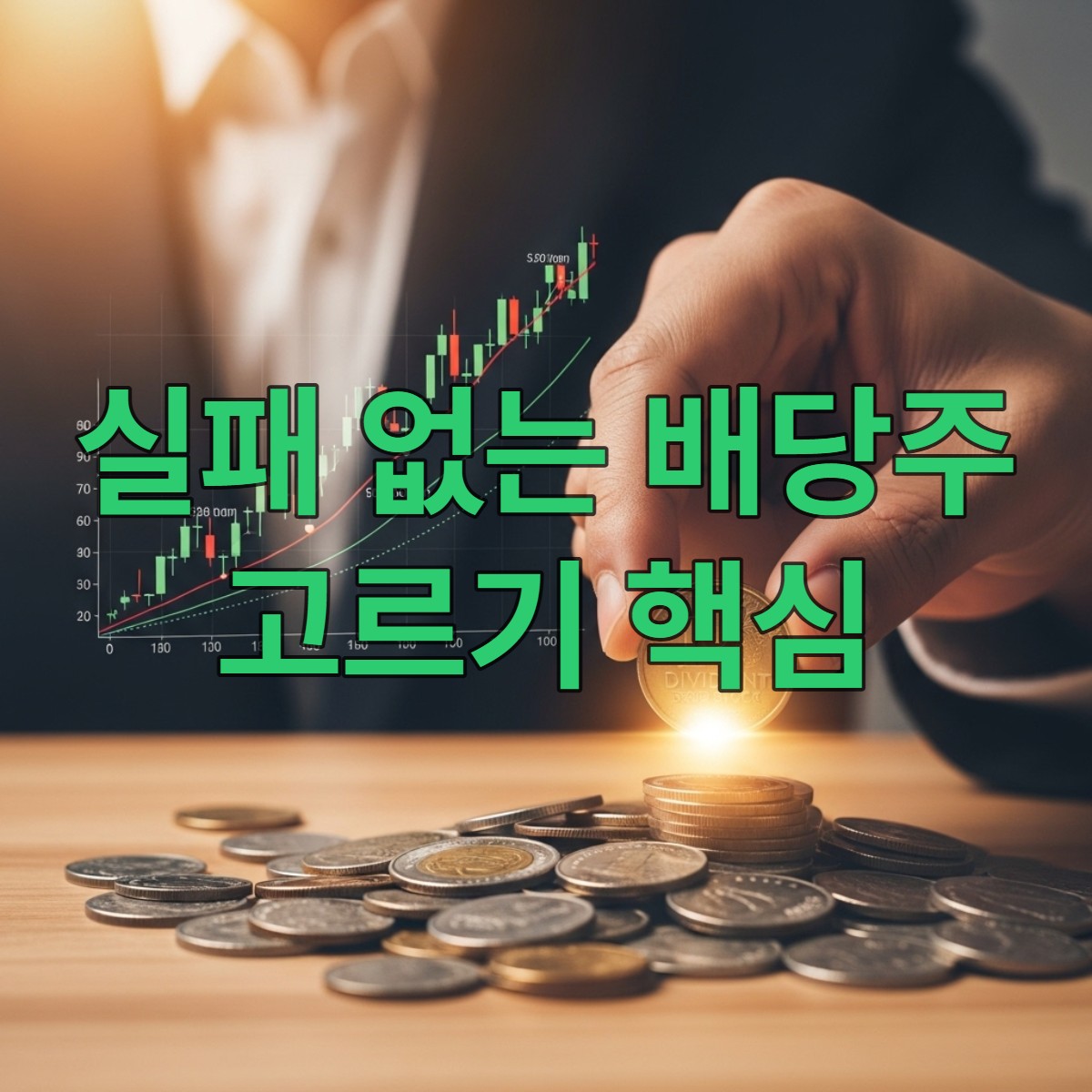 손이 여러 동전 더미에서 빛나는 황금 배당주 동전을 신중하게 고르는 모습. 안정적인 재무와 꾸준한 배당 성장을 상징.