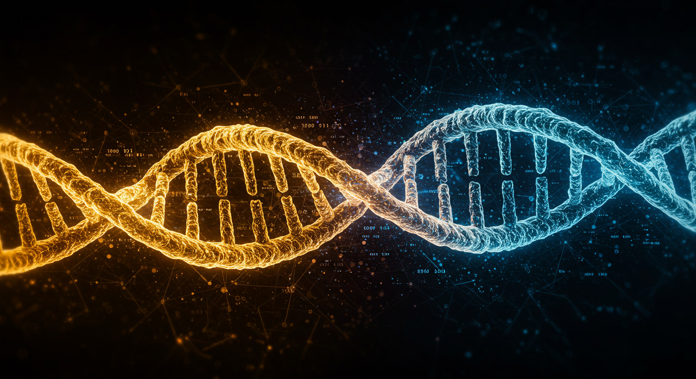 미래 생명공학과 AI 기술의 융합을 상징하는 빛나는 DNA 이중나선과 디지털 회로가 얽혀있는 이미지