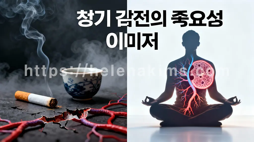 왼쪽 패널은 어둡고 흐릿한 배경에 담배와 술잔이 놓여 있고 혈관이 손상되는 추상적인 모습을 표현. 오른쪽 패널은 밝고 깨끗한 배경에 명상하는 사람의 실루엣과 건강한 혈관 단면을 대비시켜 금연, 절주, 스트레스 관리가 가져오는 긍정적인 변화를 상징적으로 표현.