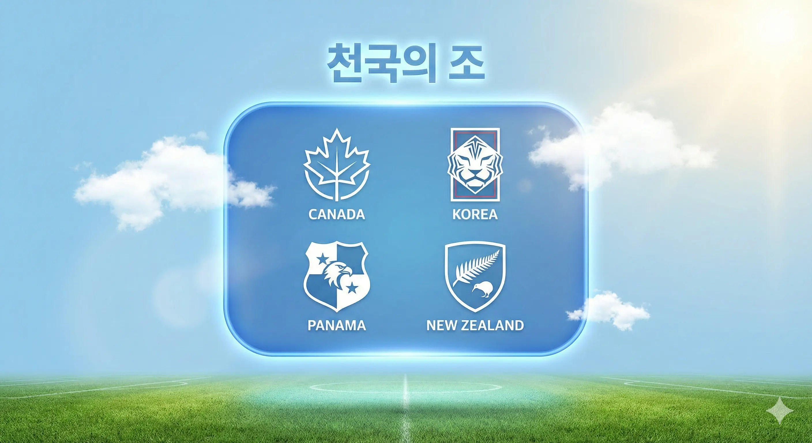 캐나다&amp;#44; 한국&amp;#44; 파나마&amp;#44; 뉴질랜드가 포함된 가장 쉬운 천국의 조를 밝은 분위기로 표현한 축구 조편성 이미지