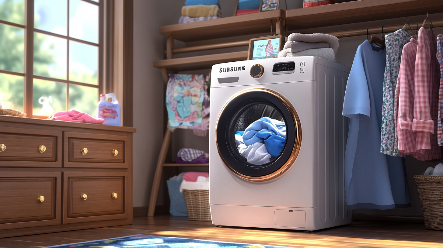 별도의 건조기 없이도 효과적으로 옷을 말리는 삼성 WA30DG2120EE 세탁기의 건조 기능을 보여주는 일러스트