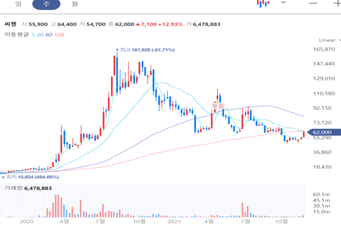 씨젠 주봉 차트