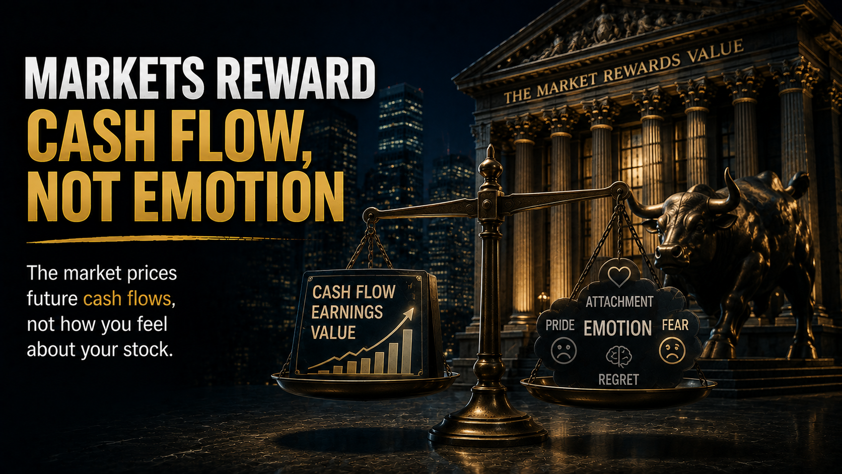 Financial illustration emphasizing that markets reward future cash flow, business fundamentals, and rational investment decisions over emotions.