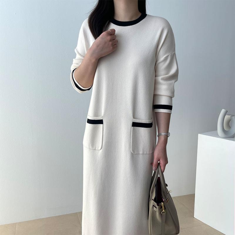 겨울 원피스 하객 부드러운 배색 롱 니트 원피스 빅사이즈