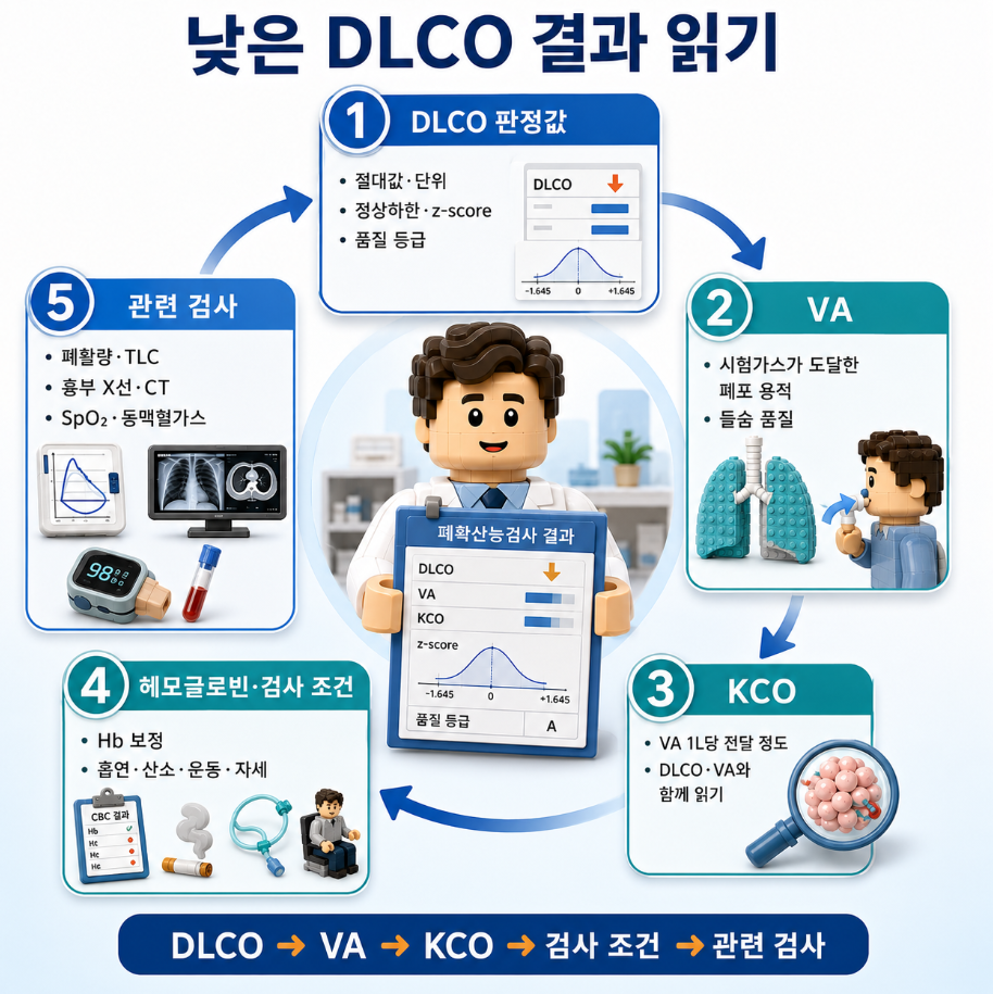 낮은 DLCO 결과를 읽는 5단계를 순서대로 정리한 의료 요약 인포그래픽