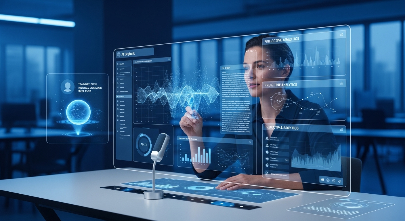 사람이 AI 도구와 자연어로 소통하며 업무를 협력적으로 수행하는 모습. 여러 AI 인터페이스가 매끄럽게 통합된 스마트한 업무 환경.