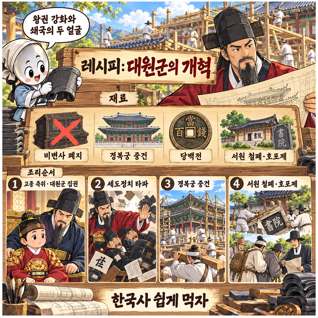흥선대원군의 개혁을 레시피 형식으로 요약한 인포그래픽 이미지