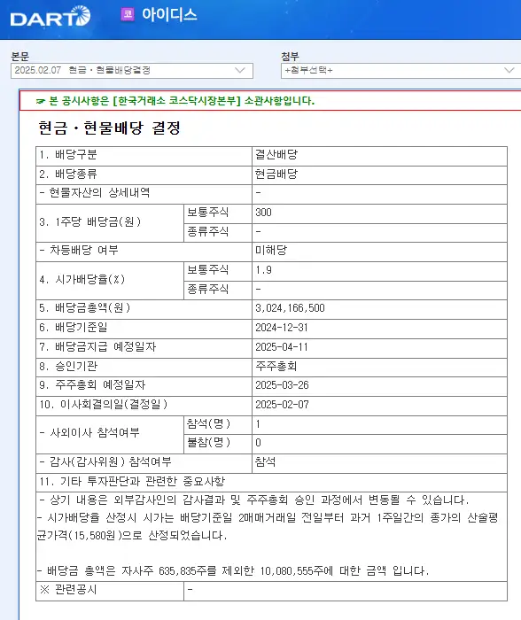 아이디스(143160) 2025년 배당락일