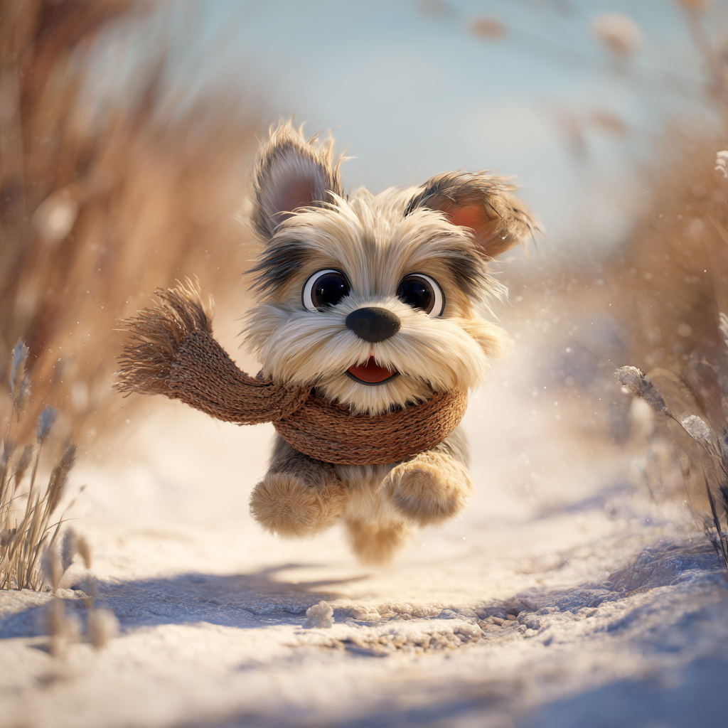 밝은 겨울 햇살아래 뛰노는 강아지, 픽사스타일 일러스트