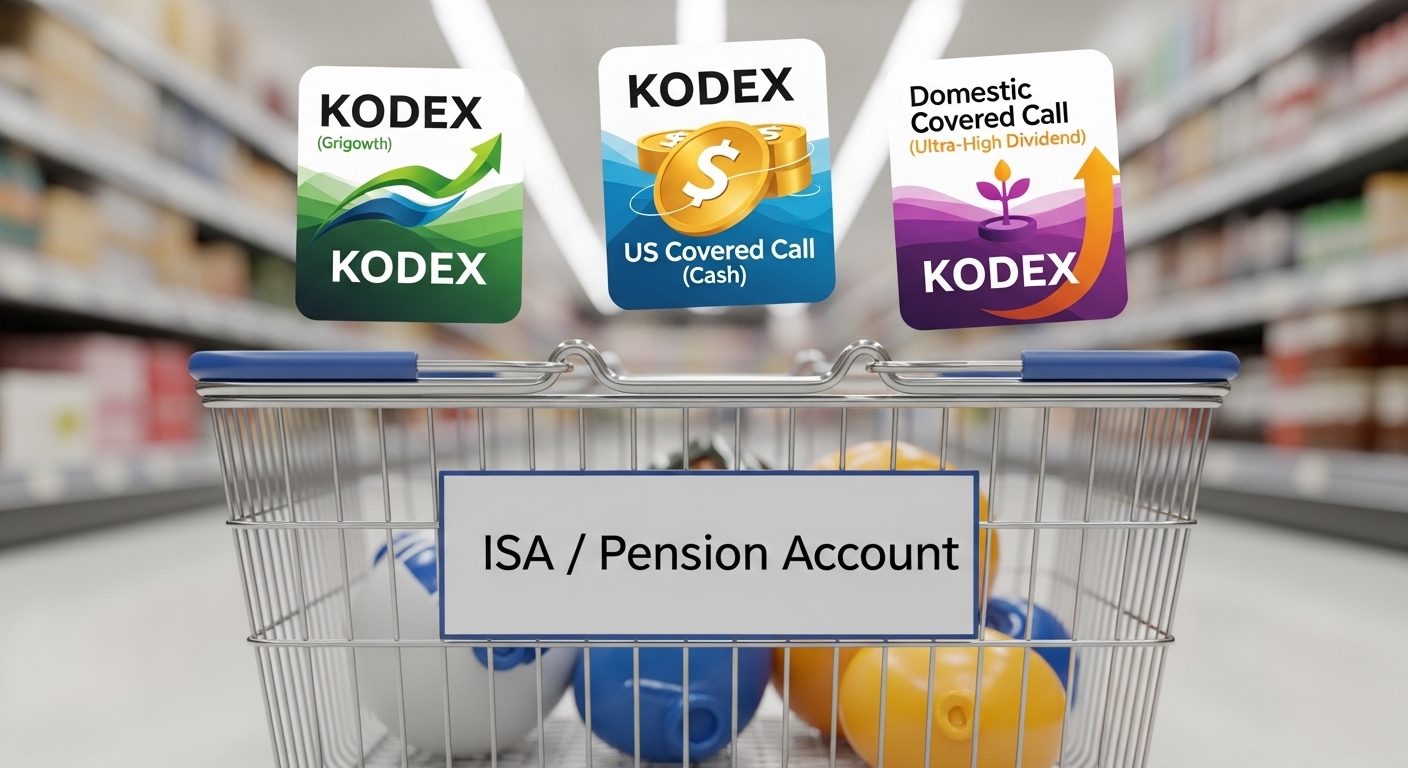'KODEX 미국 배당 다우존스(성장+배당)', 'KODEX 미국 배당 커버드콜(현금흐름)', 'KODEX 200 위클리(국내/초고배당)' 3가지 ETF 로고가 ISA 계좌 안에 있는 이미지