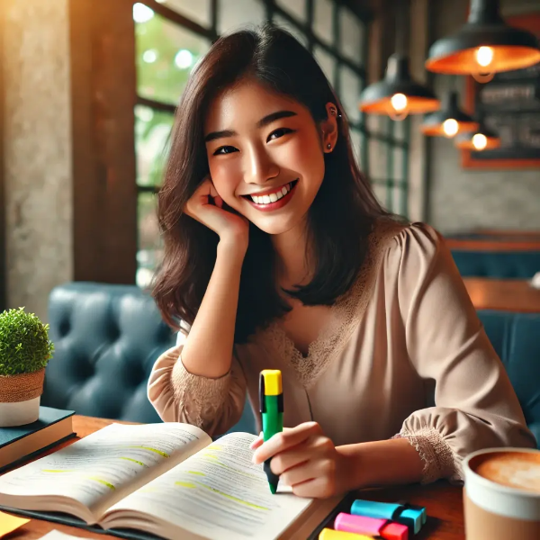 따뜻한 카페에서 공부하며 기억력 향상을 상징하는 젊은 아시아 여성