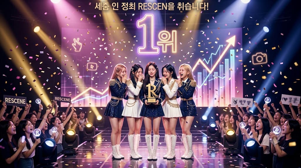 리센느가 Pretty Girl로 데뷔 첫 음악방송 1위를 차지해 트로피를 들고 기뻐하는 모습을 표현한 이미지