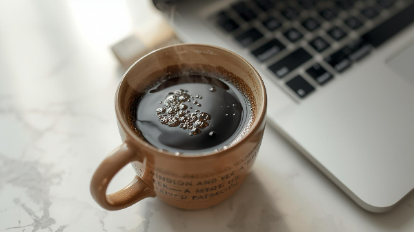 하얀 책상 위 노트북 옆에 놓인 따뜻한 커피잔, 위에 MCT 오일 방울이 떠 있는 모습, 아늑한 아침 분위기