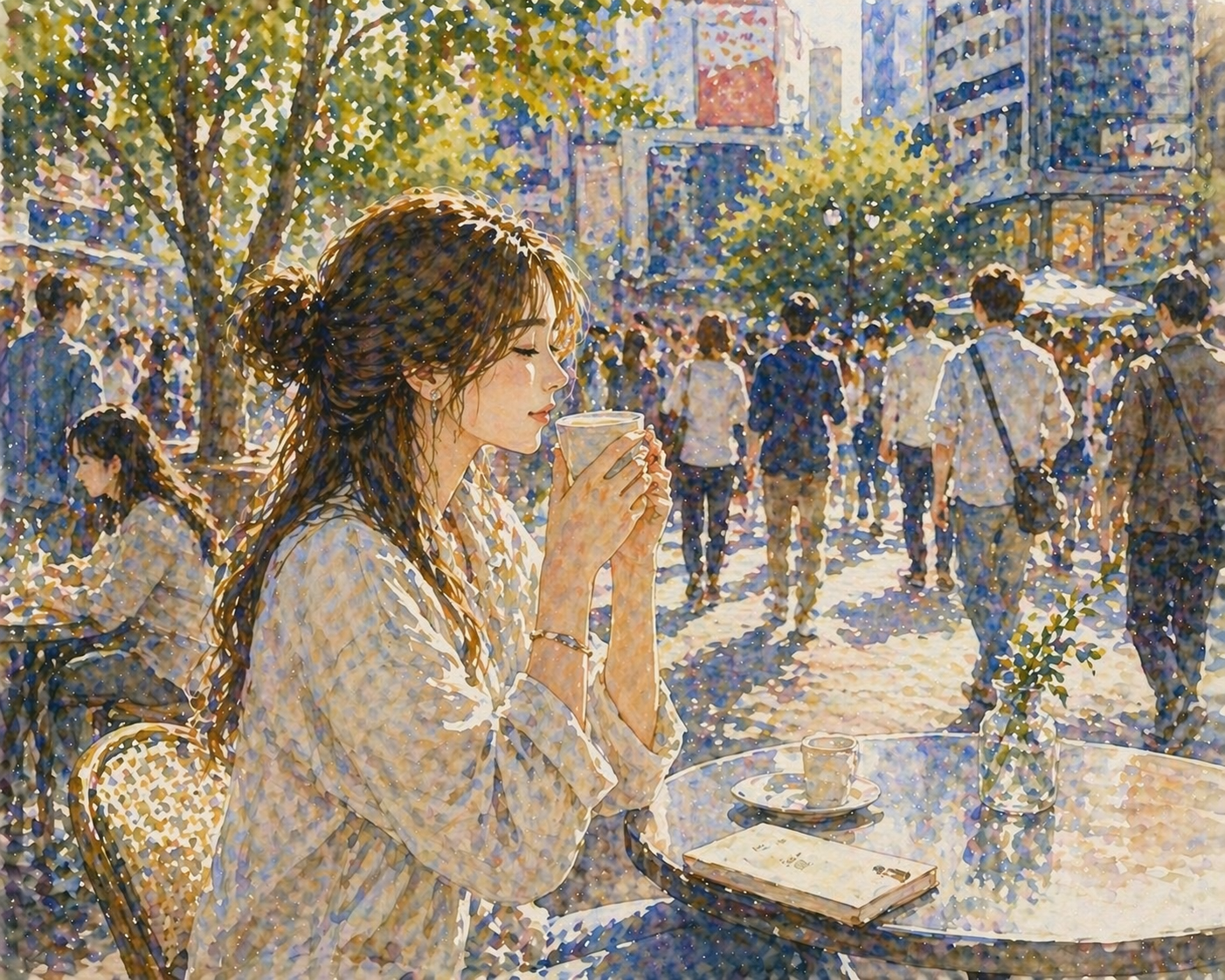 사람들 속에서 차를 마시는 여성의 수채화 일러스트, 외부 자극에도 흔들리지 않는 내면의 안정 상태를 상징하는 이미지