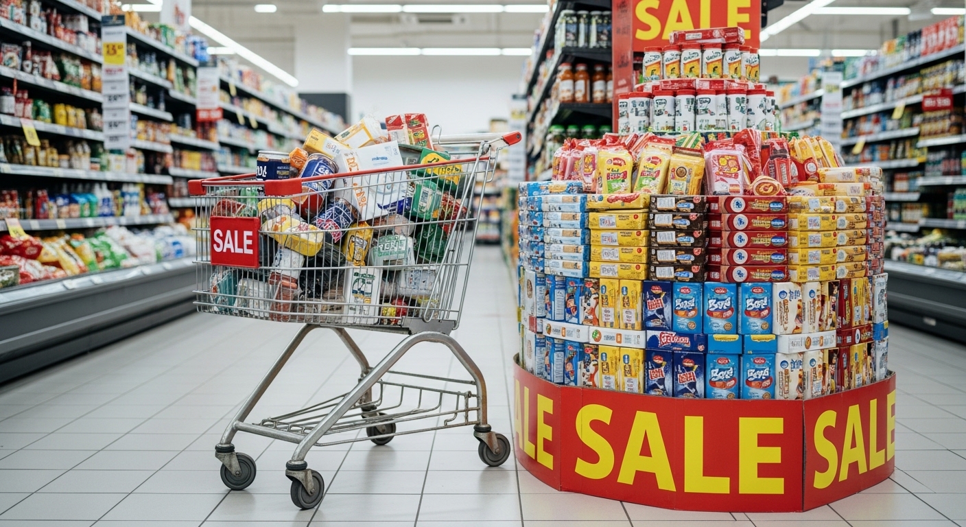 특가 진열대 옆에 놓인 가득 찬 쇼핑카트 모습 