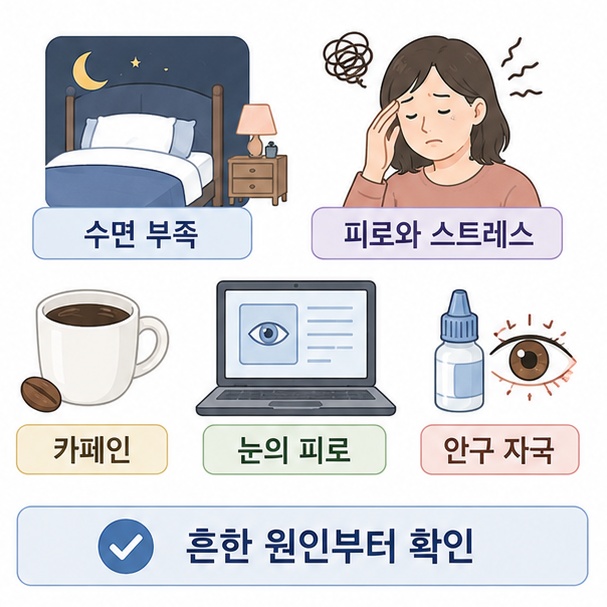 수면 부족과 피로, 스트레스, 카페인, 화면 사용과 안구 자극처럼 눈꺼풀 떨림을 유발하거나 악화시킬 수 있는 흔한 요인을 정리한 그림