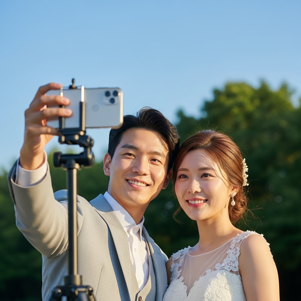 삼각대에 스마트폰을 거치하고 자연스럽게 웃으며 셀프 웨딩 스냅을 촬영하는 커플의 클로즈업 사진. 푸른 하늘과 나무가 배경으로 보입니다.