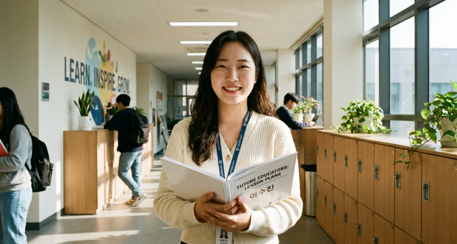 밝은 표정으로 교단을 바라보며 꿈을 다짐하는 한국인 사범대 수험생의 모습