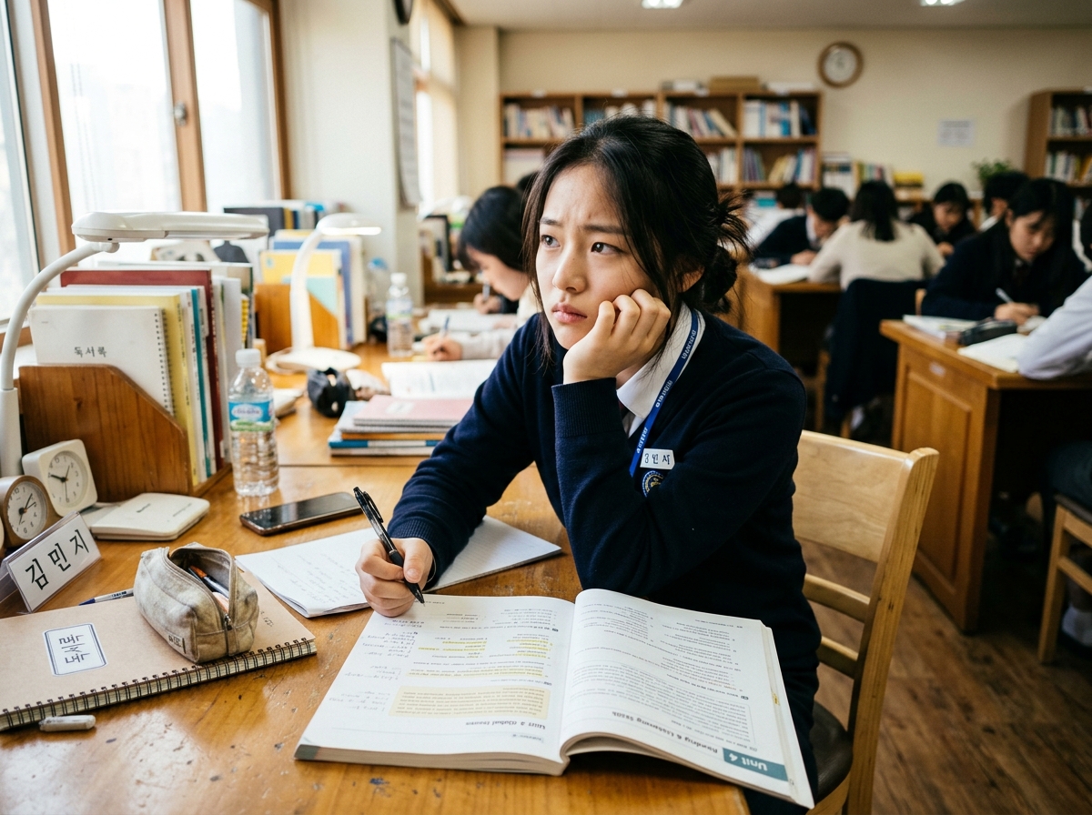 고등 영어 교재를 보며 깊이 생각하는 학생