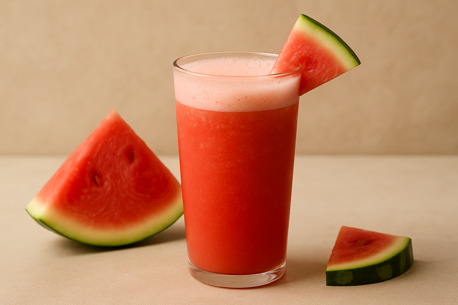 얼음과 민트, 수박 조각으로 장식된 신선한 수박주스 한 잔