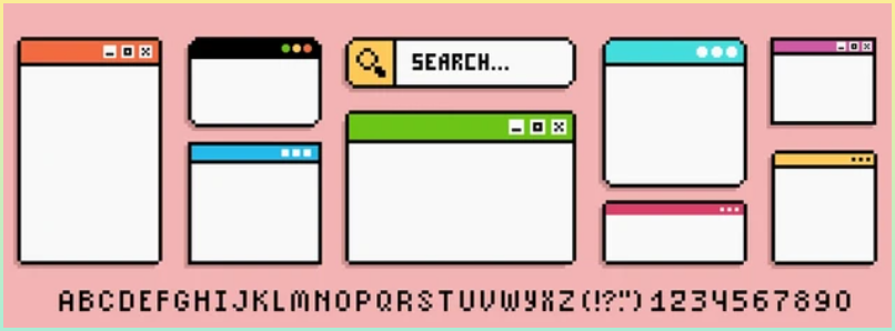 인터페이스를 표현하는 도트 이미지. 창(Window)를 통해 표현 아이콘을 표현.