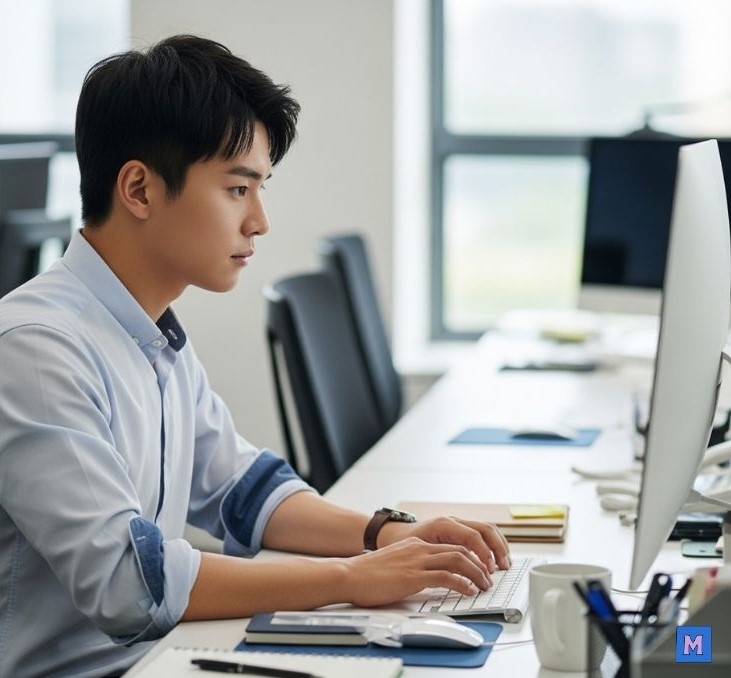 청년도약계좌 해지를 고민하는 20대 직장인이 사무실에서 컴퓨터로 금융 정보를 검색하고 있는 모습 via Gemini