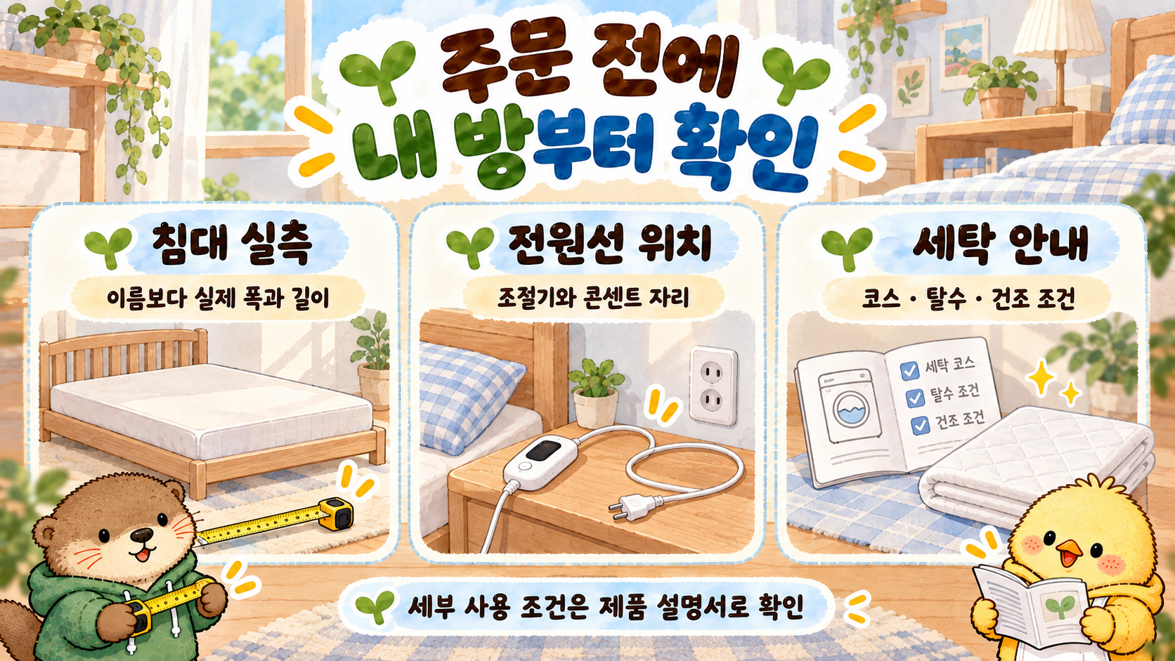 전기요 전기매트 주문 전 침대 크기 전원선 위치 세탁 안내를 확인하는 체크리스트 이미지