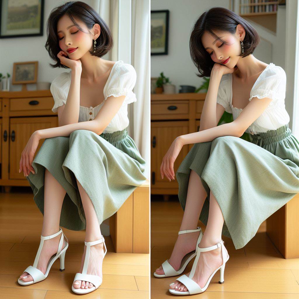 스트랩이 가늘고 굽이 높은 흰색 샌달을 신고&amp;#44; 길이는 7부인 H라인 녹색 롱스커트를 입고&amp;#44; 흰색 반팔 블라우스를 입고 단발머리 흑발의 예쁜 40대 한국 주부가 Nginx에서 예기치 않은 문제 해결하는 자연스러운 사진 와이드샷