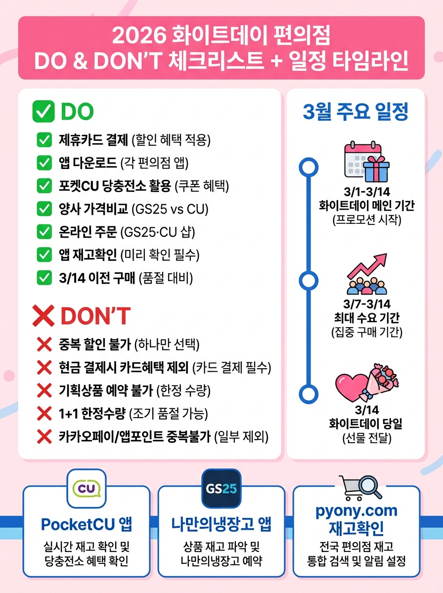 2026 화이트데이 편의점 DO & DON'T 체크리스트 + 일정 타임라인 – 좌측 ✅ DO 7항목(제휴카드 결제, 앱 다운로드, 포켓CU 당충전소 이용, CU·GS25 비교, 온라인몰 주문, 앱 재고 확인, 3/14 전 구매), ❌ DON'T 5항목(혜택 중복 불가, 현금은 카드 혜택 배제, 선물세트 예약 불가, 1+1 재고 한정, 카카오페이·앱 포인트 중복 불가); 우측 3월 주요 일정 세로 타임라인(3/1-3/14 전체 기간, 3/7-3/14 물량 집중 기간, 3/14 화이트데이); 하단 3개 확인 방법 카드(포켓CU 앱, 나만의냉장고 앱, pyony.com 재고확인).