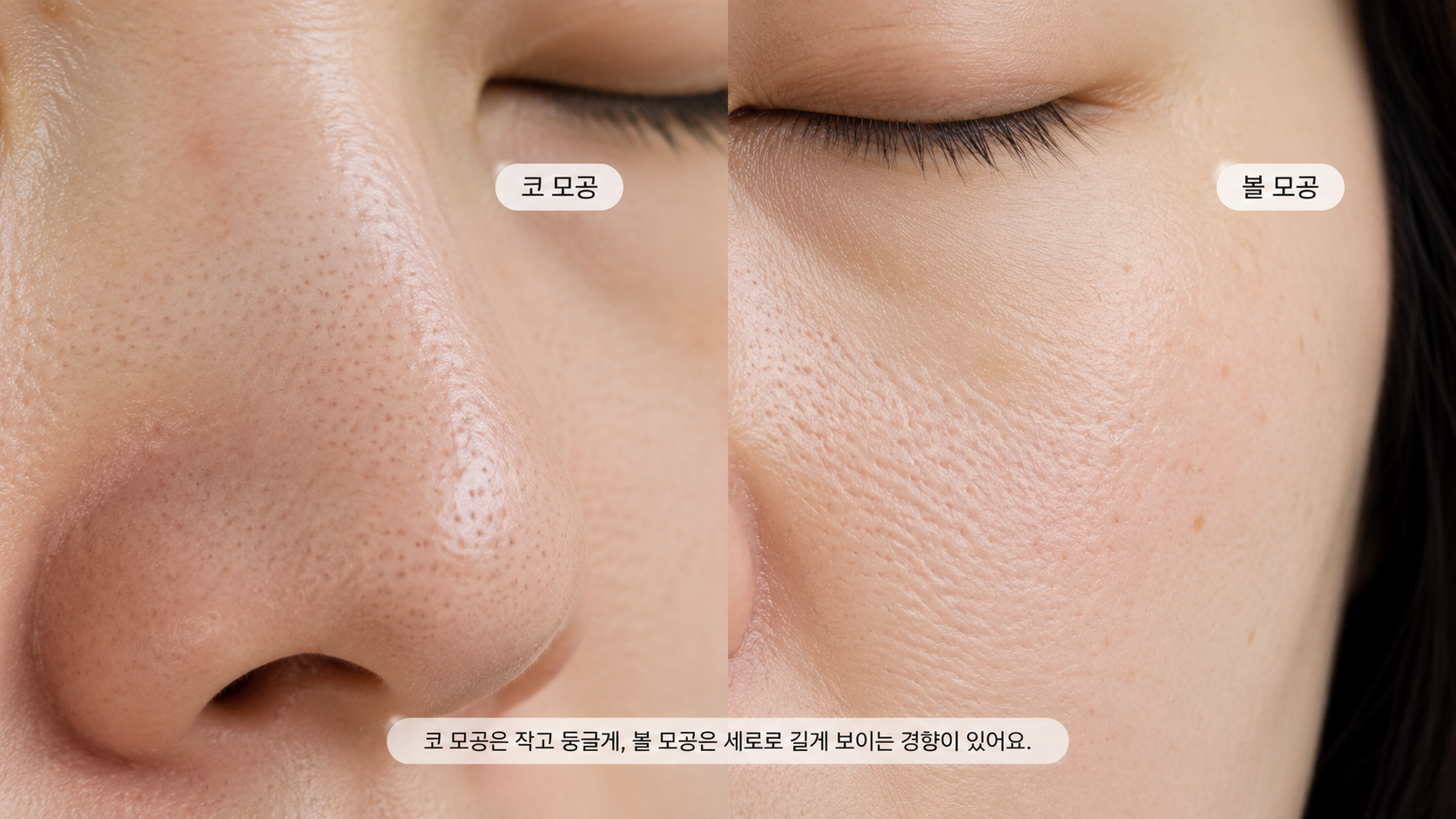 코의 동그란 모공과 볼에서 길게 보이는 모공을 가까이 비교한 모습