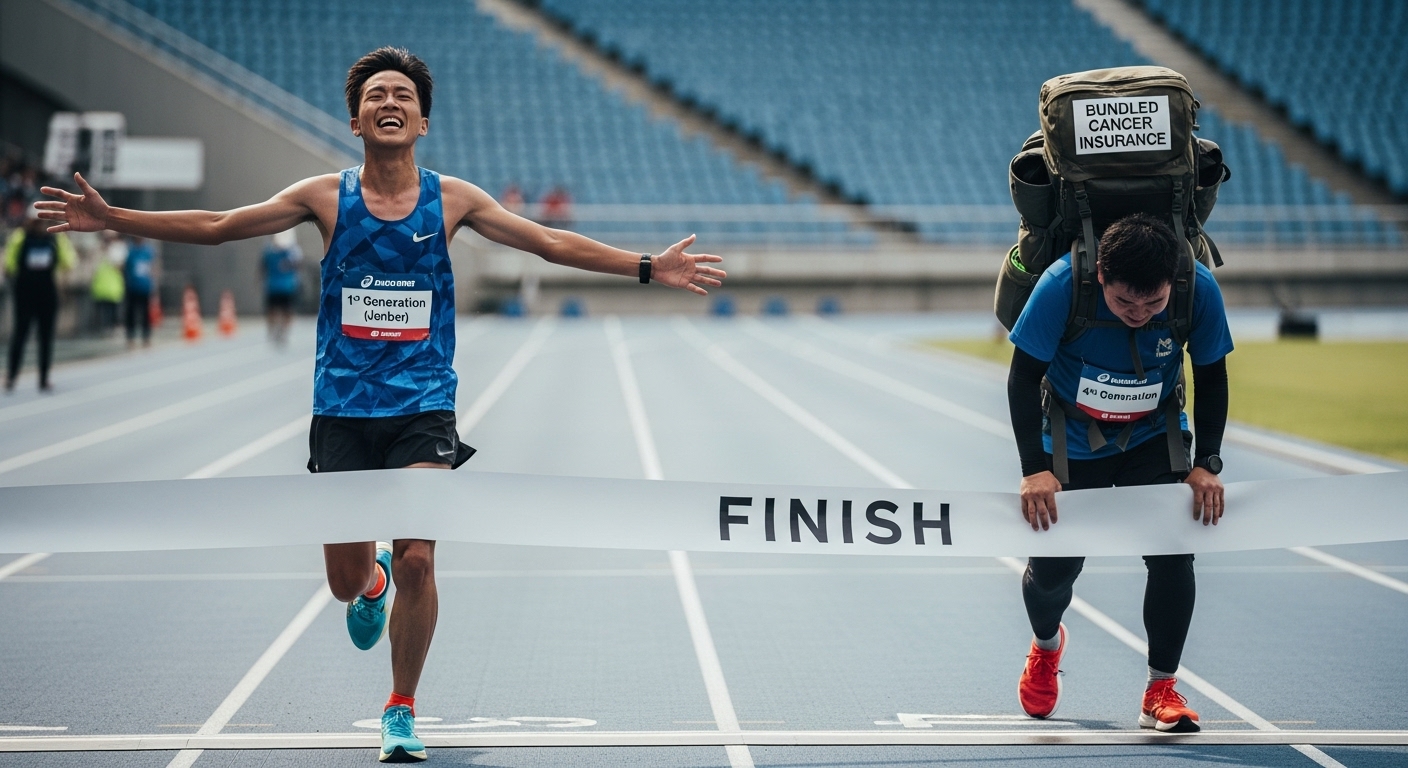 '1세대(황제)'가 결승선에 골인하고, '4세대(끼워팔기)'가 무거운 짐(암보험)을 들고 뒤처지는 이미지