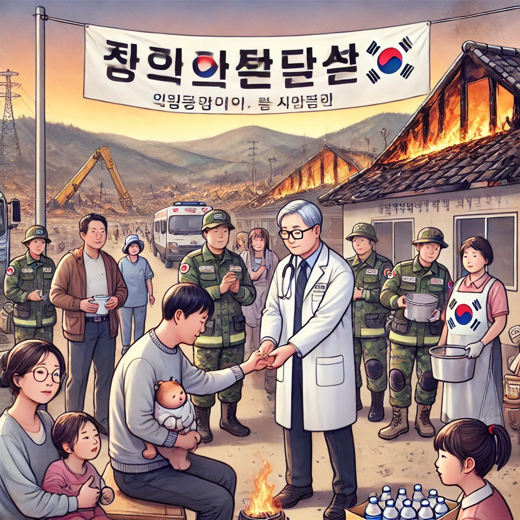 산불 피해 지역에서 의사가 이재민에게 치료와 지원을 제공하는 모습 