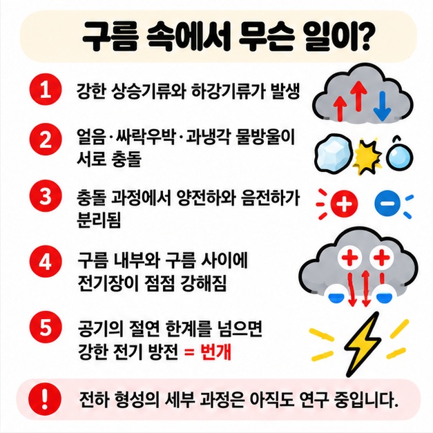 구름 속 얼음 싸락우박 물방울 충돌로 전하가 분리되고 전기장이 강해져 번개가 발생하는 과정을 보여주는 카드