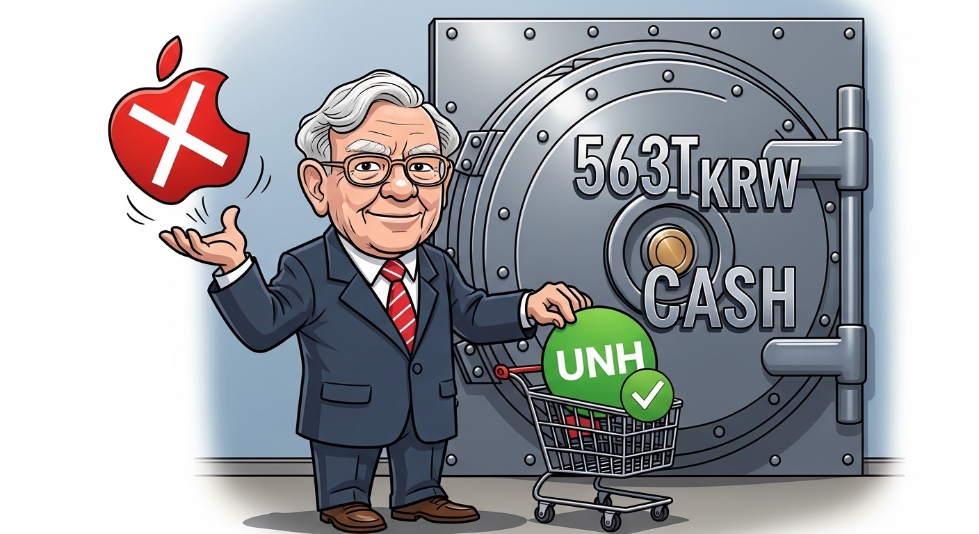 워런 버핏이 '563조(현금)' 금고 앞에서 '애플(X)'은 버리고, '유나이티드 헬스(O)' 주식을 줍는 이미지