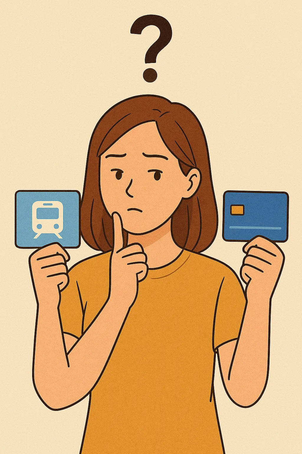 교통카드와-신용카드를-비교하며-고민하는-여성의-일러스트