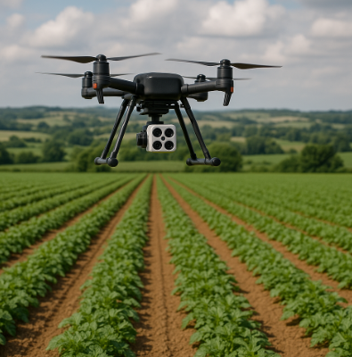 농작물 위를 비행하며 생육 상태를 촬영 중인 멀티스펙트럼 카메라 장착 드론