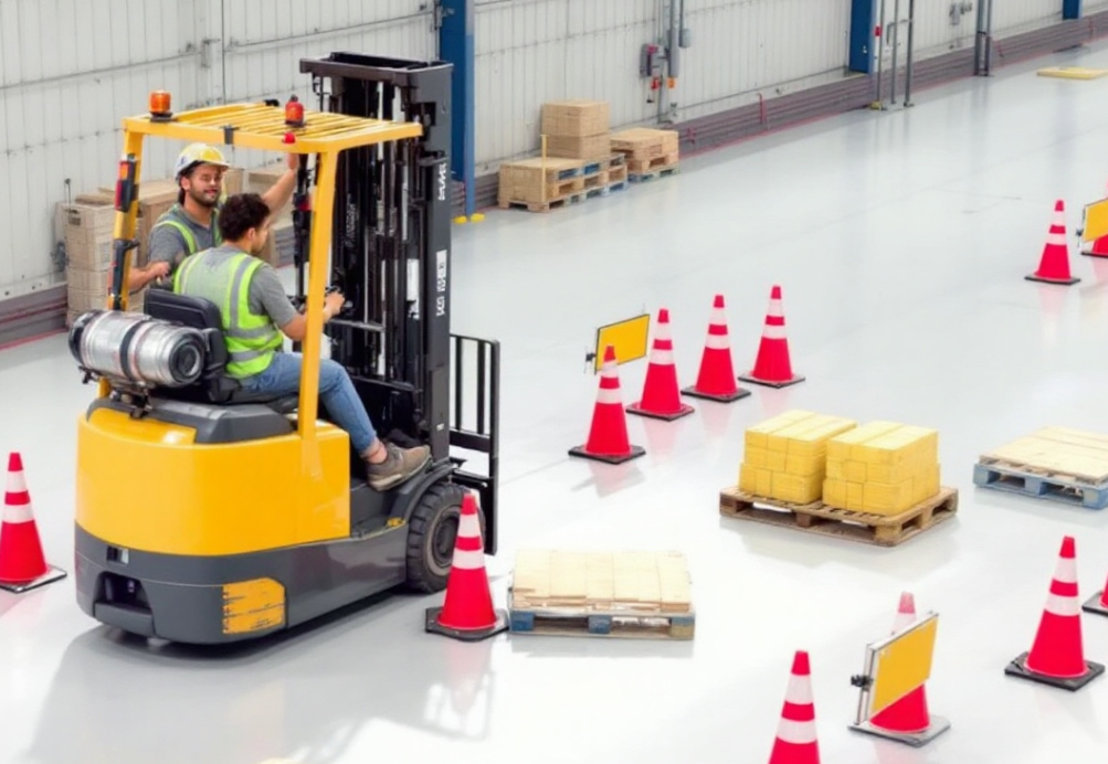 지게차 실기시험을 대비해 훈련하는 모습