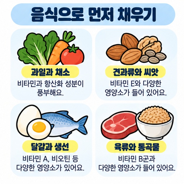 과일과 채소, 견과류, 달걀, 생선, 육류 등 음식으로 피부 건강에 필요한 비타민을 균형 있게 섭취하는 방법을 정리한 카드