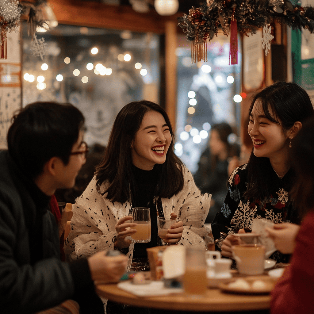 아늑한 실내 공간에서 친구들과 함께 음료를 마시며 웃고 있는 겨울 분위기의 젊은 여성들
