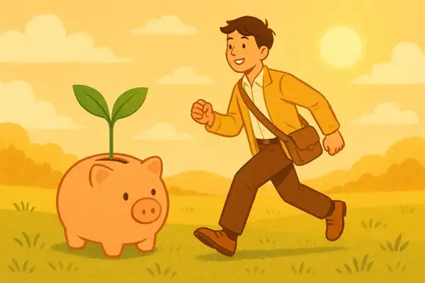 금통에서 새싹이 자라는 모습을 바라보며 달려가는 남성을 그린 따뜻한 일러스트 &mdash; 성장과 절약의 상징