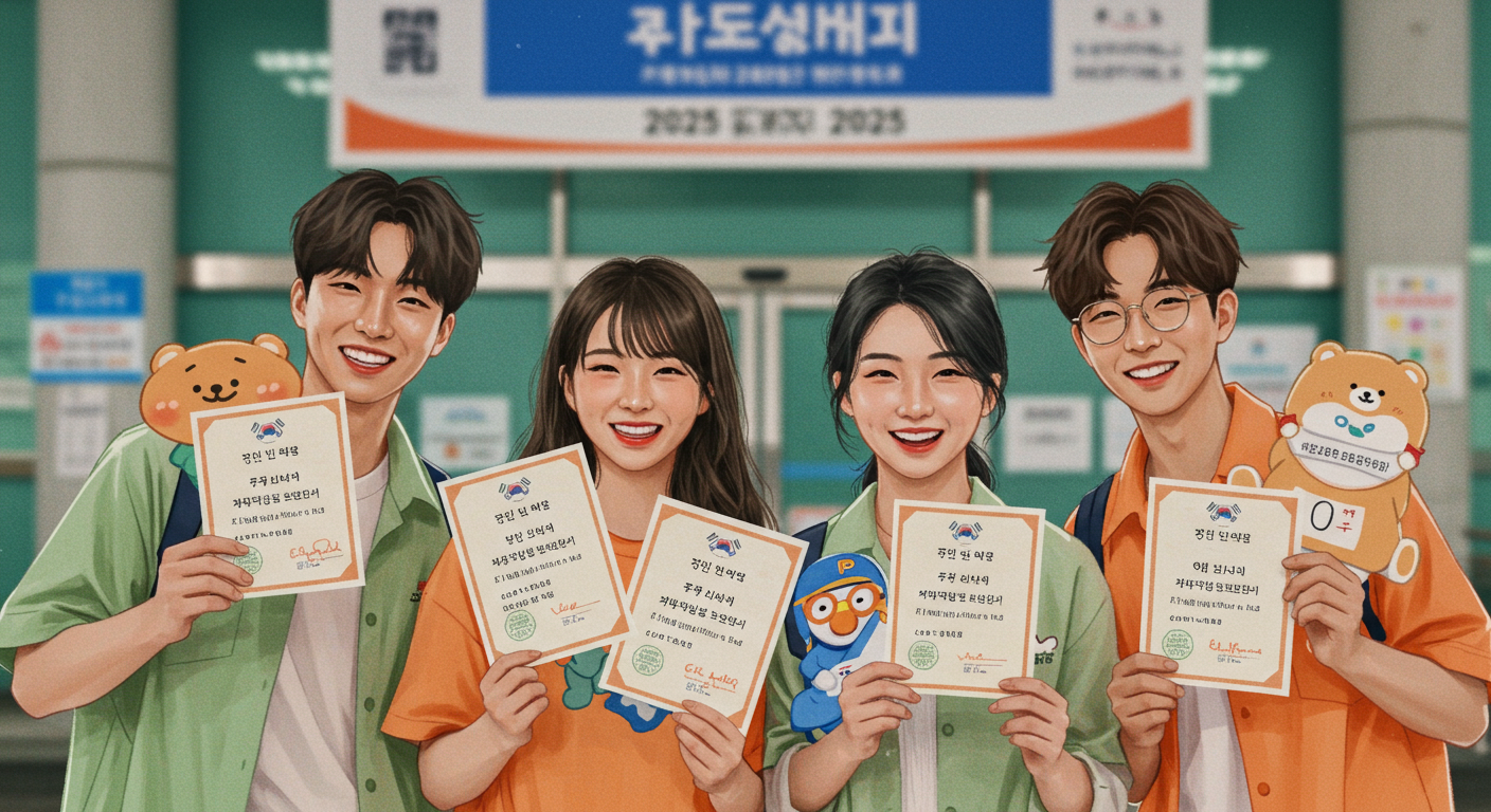 2025년 대선 투표 인증샷을 찍는 MZ세대 친구들, 각기 다른 투표 인증 용지를 들고 활기찬 모습.